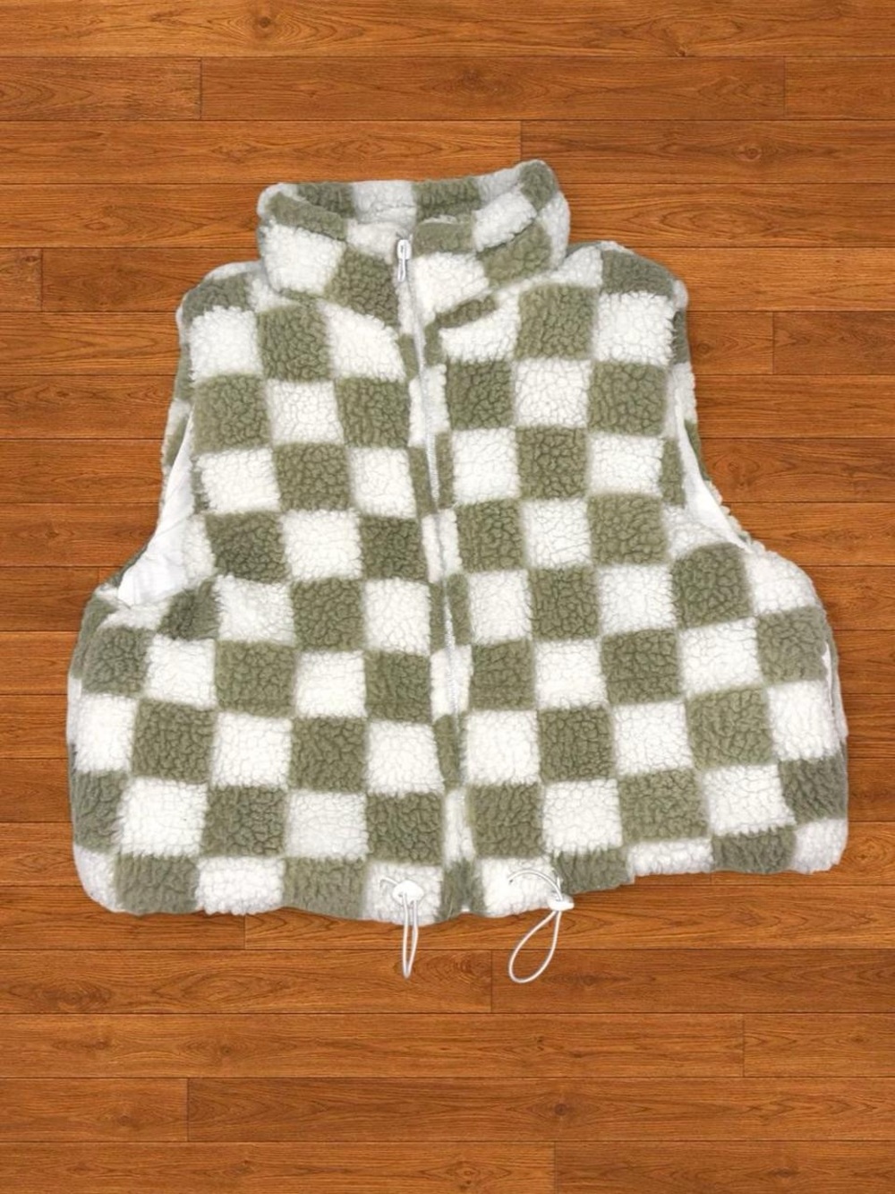 Wild Rose Olive & White Check Sherpa Vest
